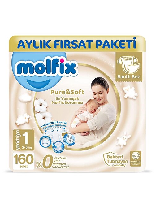 Molfix Pure&Soft Yenidoğan Bebek Bezi 1 Numara Aylık Fırsat Paketi 160 Adet