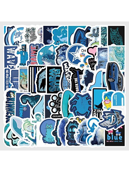 Cajuart 50 Adet Tekrarsız Mavi Tema Karışık Kalite Pvc Sticker 09