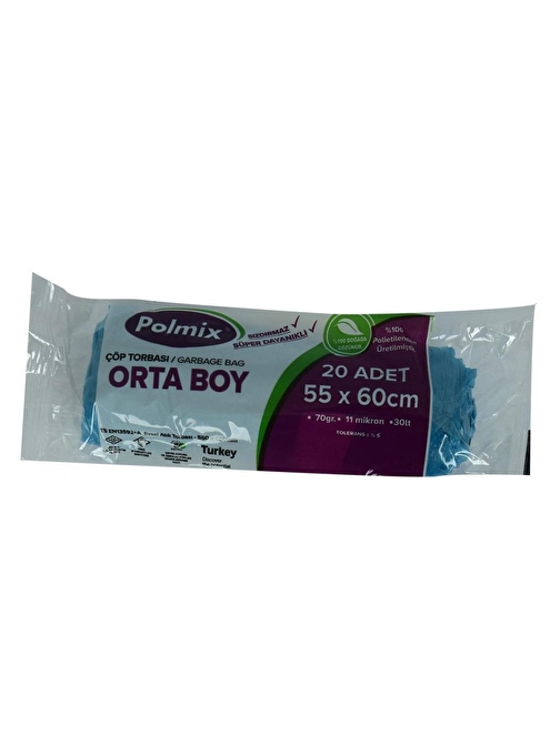 Polmix Çöp Torbası Orta Boy 55x60cm 70gr 11Mikron 30lt Mavi 20Li