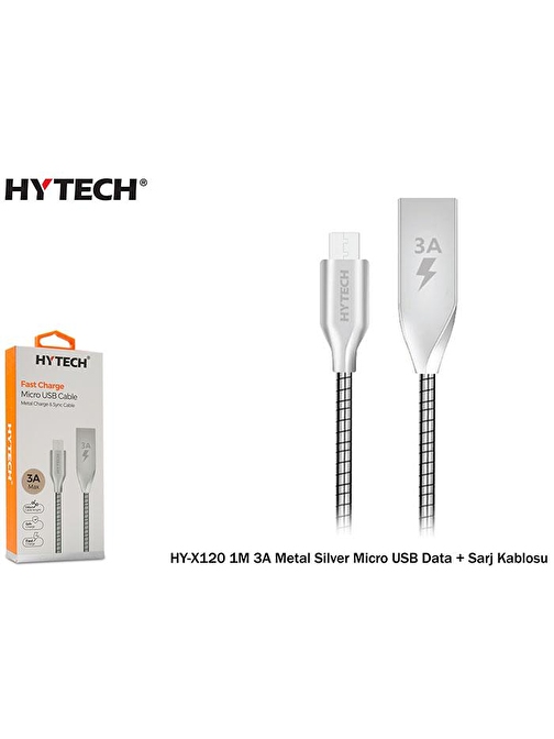 Hytech Universal HY-X120 Metal 3A Micro USB Data Kablosu 1 m Gri