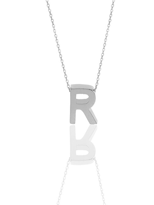 Gümüş rodyumlu üç boyutlu minimal  R harf kolye SGTL11181R