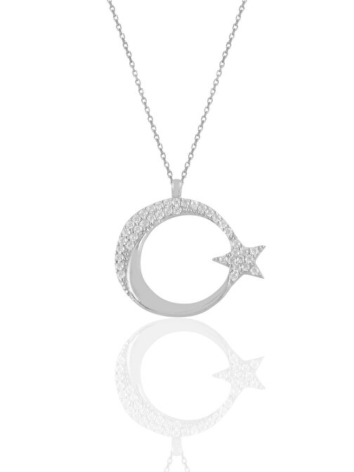 Gümüş rodyumlu zirkon taşlı ay yıldız kolye SGTL11187RODAJ