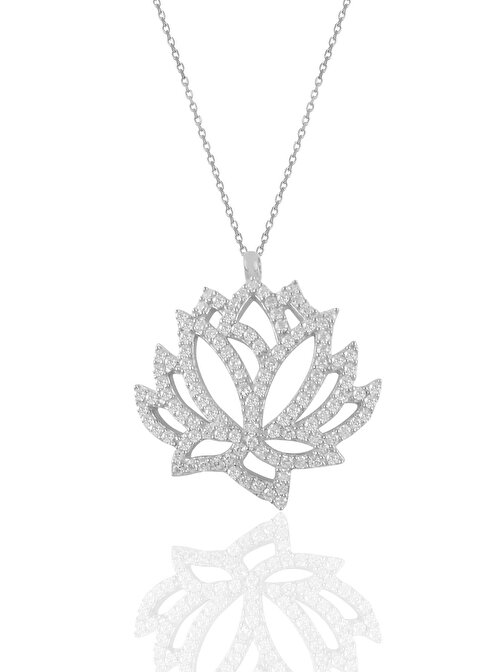 Gümüş rodyumlu  zirkon taşlı lotus çiçeği kolye