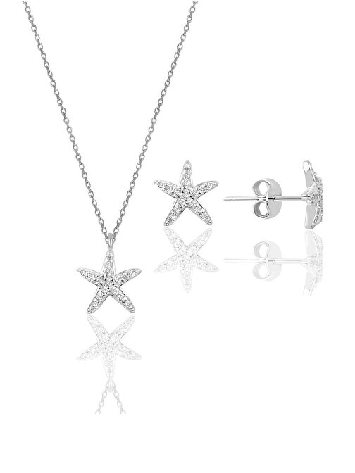 Gümüş rodyumlu zirkon taşlı deniz yıldızı kolye ve küpe ikili set SGTL11441RODAJ