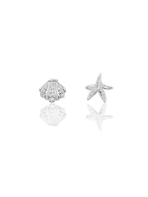 Gümüş beyaz altın rodyumlu zirkon taşlı deniz yıldızı ve midye modeli kombin küpe SGTL11356RODAJ