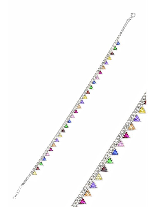 Gümüş rodyumlu renkli taşlı  gurmet zincirli piramit halhal SGTL10531RODAJ