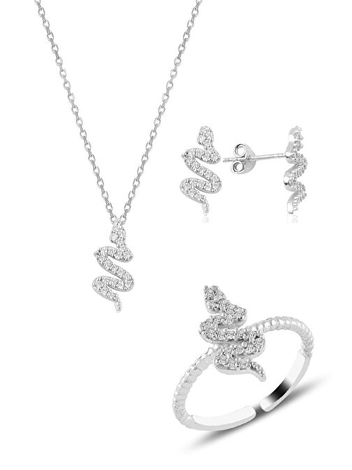 Gümüş rodyumlu yılan kolye küpe ve yüzük seti SGTL10749RODAJ