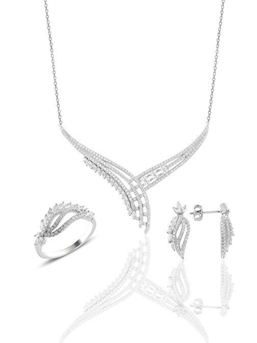Gümüş rodyumlu  pırlanta modeli beyaz altın görünümlü kolye küpe ve yüzük seti