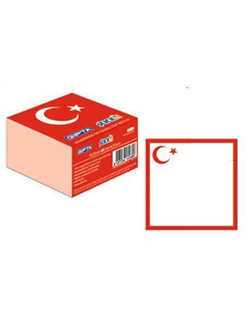 Gıpta Türk Bayrağı Desenli Kare Post-it -  Not Kağıdı Beyaz/Kırmızı 70x70 mm 400 Yaprak