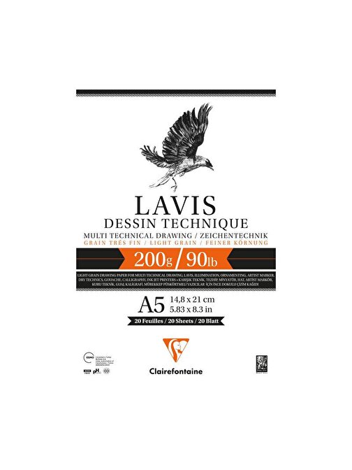 Clairefontaine Lavis 200 gr 14.8x21 A5 20 Sayfa Multi Teknik Çizim Blok Defter Beyaz