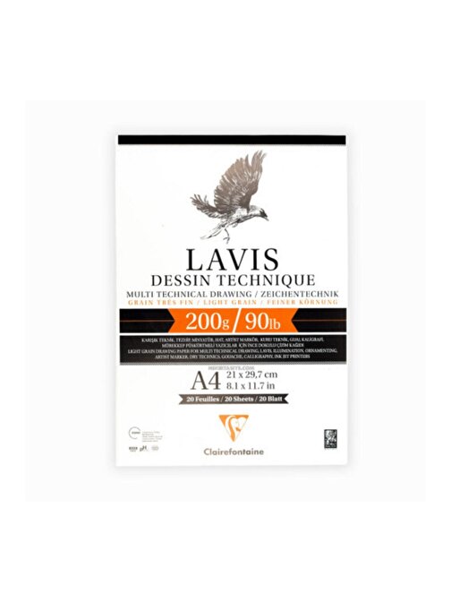 Clairefontaine Lavis 200 gr 21x29.7 A4 20 Sayfa Multi Teknik Çizim Blok Defter Beyaz