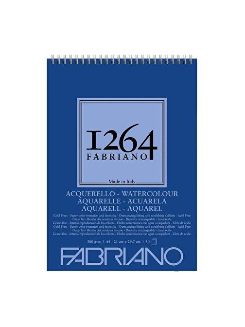 Fabriano 1264 21x29.7 A4 300 gr 30 Yaprak Üstten Spiralli Suluboya Defteri Beyaz