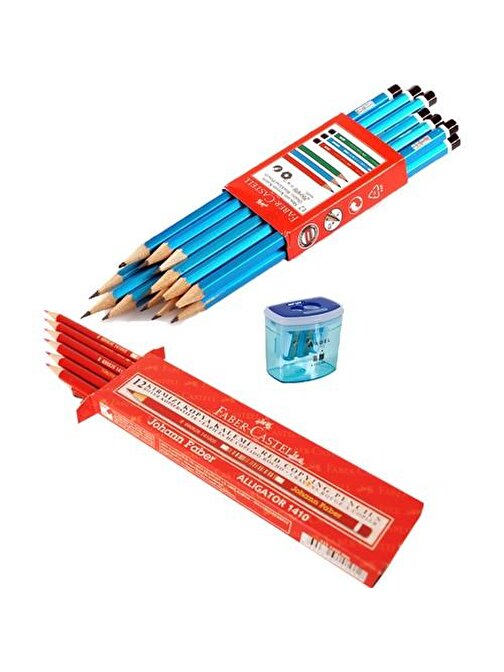 Faber-Castell Mercanlı Kurşun Kalem 12'li + Kırmızı Kopya Kalemi 12'li + Adel 685 Kalemtıraş