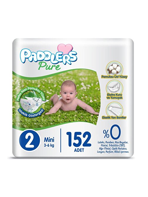 Paddlers Pure 3 - 6 kg 2 Numara Süper Fırsat Paketi Bebek Bezi 152 Adet