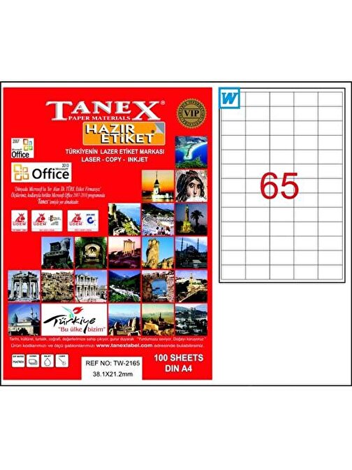 Tanex TW-2165 38,1x21,2 mm Laser Etiket 100 Adet