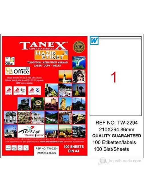 Tanex TW-2294 210x294,86 mm Laser Etiket 100 Adet