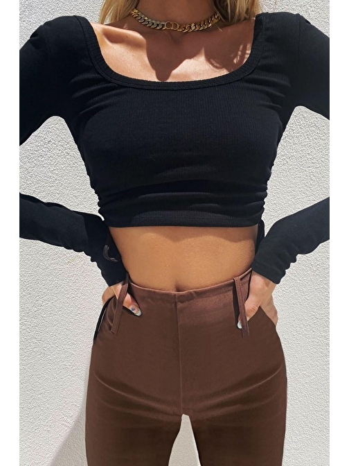 Yanları İp Büzgülü Kaşkorse Siyah Crop Bluz