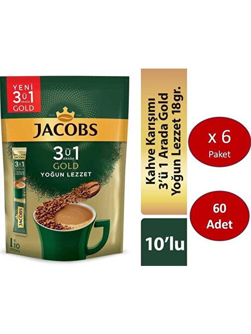 Jacobs 3'ü1 Arada Gold Kahve Karışımı Yoğun Lezzet 60 Adet 10 x 6 Paket