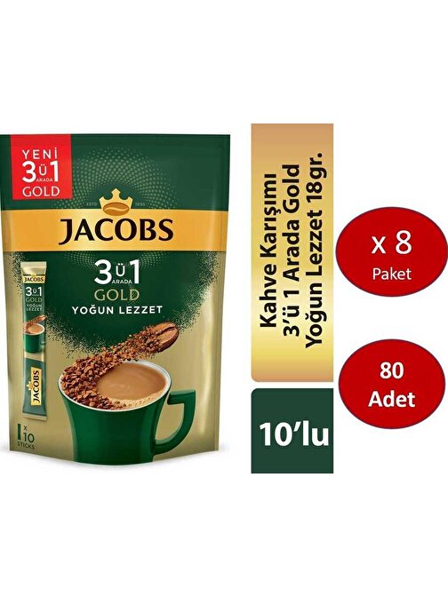 Jacobs 3'ü1 Arada Gold Kahve Karışımı Yoğun Lezzet 80 Adet 10 x 8 Paket