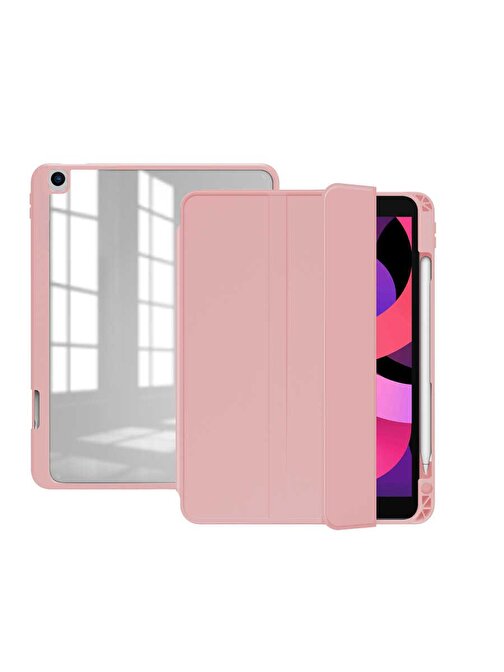 Coverzone Zore Nort Arkası Şeffaf Standlı iPad Air 10.9 2020 4.Nesil Uyumlu 10.9 inç Tablet Kılıfı Pembe