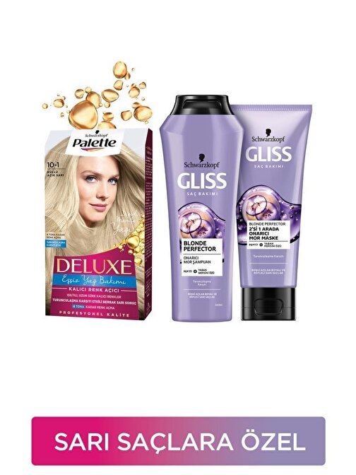 Gliss Sarı Saçlara Özel Bakım Seti Palette Deluxe Saç Boyası 10-1 Küllü Açık Sarı + Gliss Blonde Perfector Mor Şampuan + Mor Maske