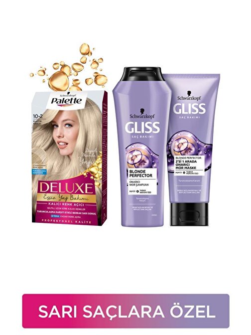 Gliss Sarı Saçlara Özel Bakım Seti Palette Deluxe Saç Boyası 10-2 Platin Sarısı + Gliss Blonde Perfector Mor Şampuan + Mor Maske
