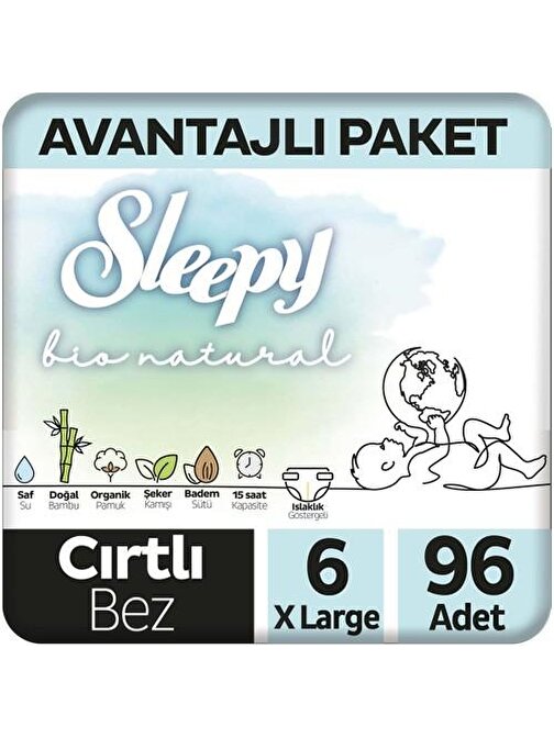 Sleepy Bio Natural 15 + kg 6 Numara Avantaj Paketi Bebek Bezi 96 Adet