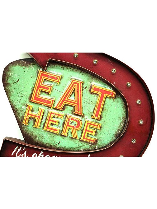 Huramarketing Eat HereTemallı Ledli Bar Tabelası Pano Vintage Led Ampülü