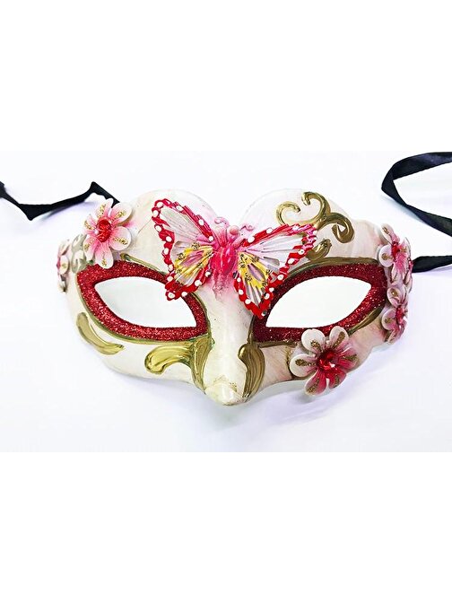 Parti Kelebek Desenli Masquerade Yılbaşı Maskesi Kırmızı Renk