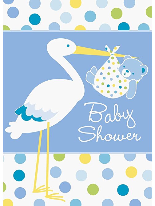 Huramarketing Parti Baby Boy Stork Temalı Mavi Renk Baby Shower Davetiye 8 Adet