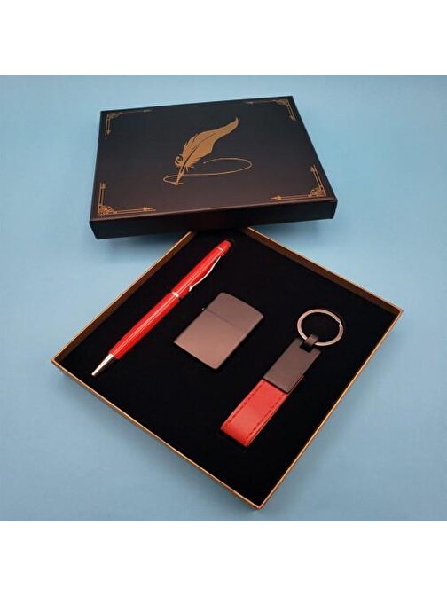 Huramarketing Kırmızı Anahtarlık Çakmak Touchpen Kalem Hediyelik Set