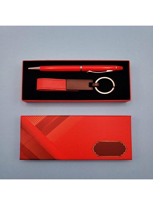 Huramarketing Kırmızı Deri Anahtarlık Kalem Hediyelik Set