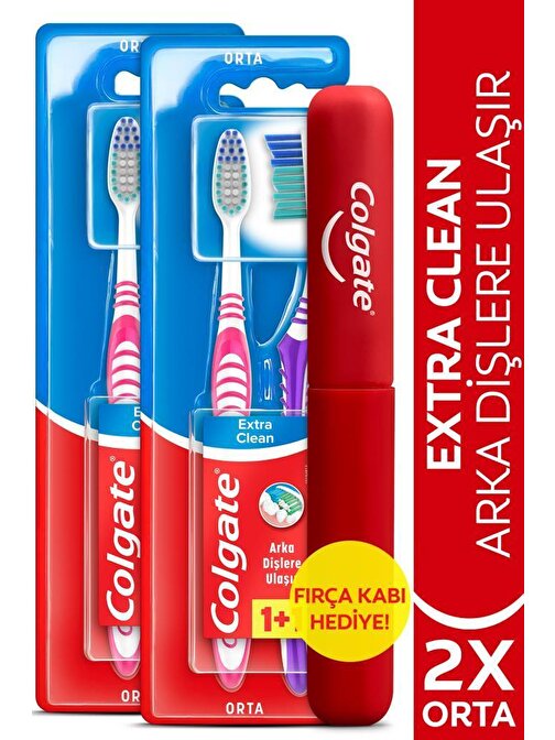 Colgate Extra Clean Orta Diş Fırçası 1+1 2 Adet + Diş Fırçası Kabı Hediye