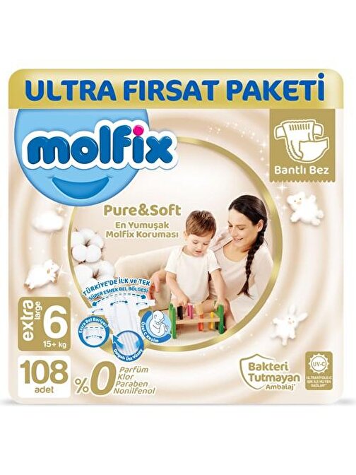 Molfix Pure Soft 12 - 18 kg 6 Numara Ultra Fırsat Paketi Bebek Bezi 108 Adet