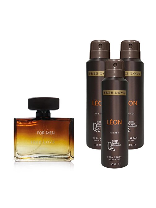Free Love Leon EDP Erkek Parfüm 100 ml ve Deodorant 150 ml 2'li Parfüm Setleri x 3 Adet