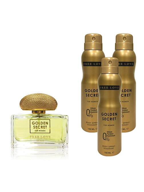 Free Love Golden Secret EDP Kadın Parfüm 100 ml ve Deodorant 150 ml 2'li Parfüm Setleri x 3 Adet