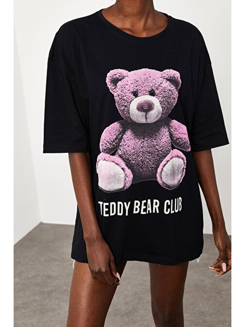 Siyah Teddy Bear Baskılı Salaş T-Shirt 2KXK1-45433-02 | M