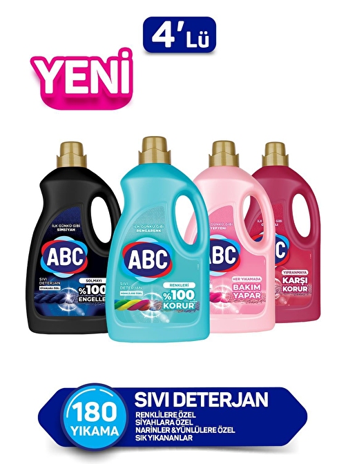 Abc Sıvı Deterjan Seti Renkliler Siyahlar Narinler Sık Yıkananlar 2.7 lt x 4'lü Set