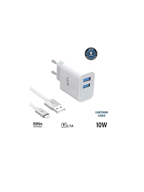 Linktech C205 Çift USB Çıkışlı 2 Port Girişli Lightning Kablolu 10W 2.1A Şarj Aleti Beyaz