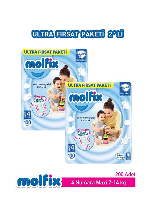 Molfix 7 - 14 kg 4 Numara Ultra Fırsat Paketi Bebek Bezi 200 Adet