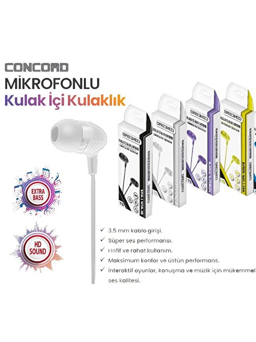 Concord Mikrofonlu Kulak İçi Kulaklık E1 Beyaz