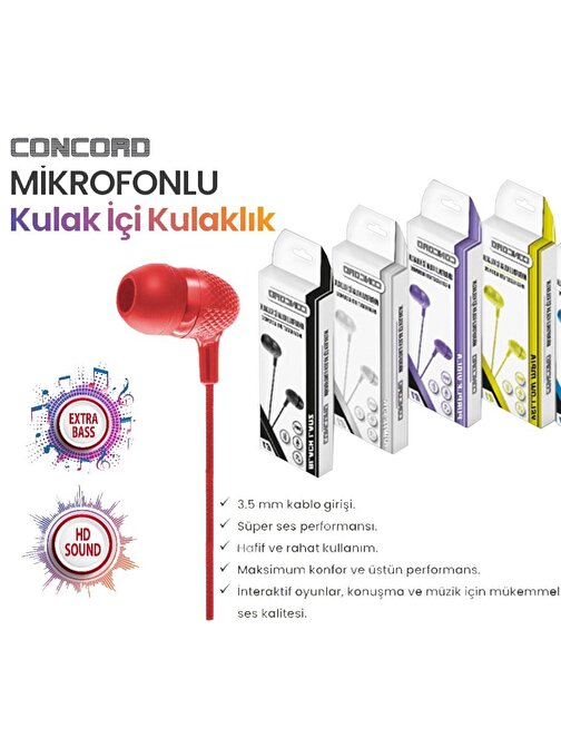 Concord Mikrofonlu Kulak İçi Kulaklık E1 Kırmızı