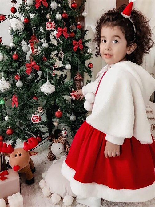 Noelcute Kırmızı Yılbaşı Kız Çocuk Elbise ve Beyaz Etol kidsabu