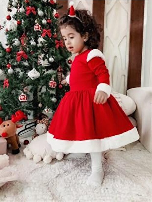 Noelcute Kırmızı Yılbaşı Kız Çocuk Elbise ve Beyaz Etol