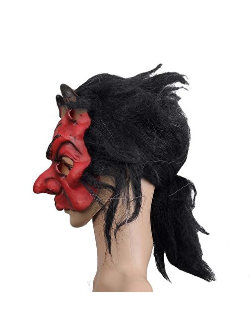 Himarry Parti Lateks Korku Maskesi Şeytan Boynuzlu Kırmızı Maske Saçlı