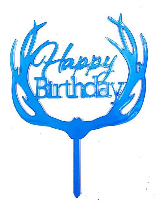Tugra Ticaret Happy Birthday Yazılı Pasta Süslemesi Kek Çubuğu Mavi Renk 13 cm