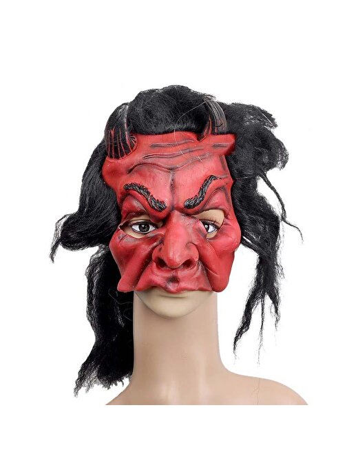 XMARKETTR Parti Lateks Korku Maskesi Şeytan Boynuzlu Kırmızı Maske Saçlı