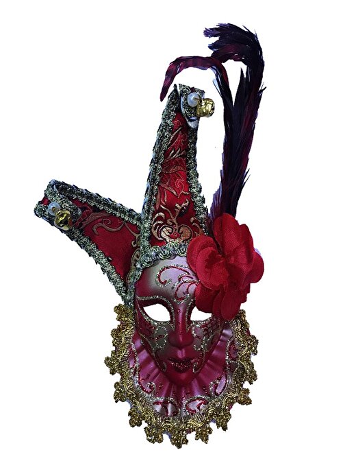 XMARKETTR Parti Malzemesi Çıngıraklı Dekoratif Tüylü Seramik Maske Kırmızı Renk