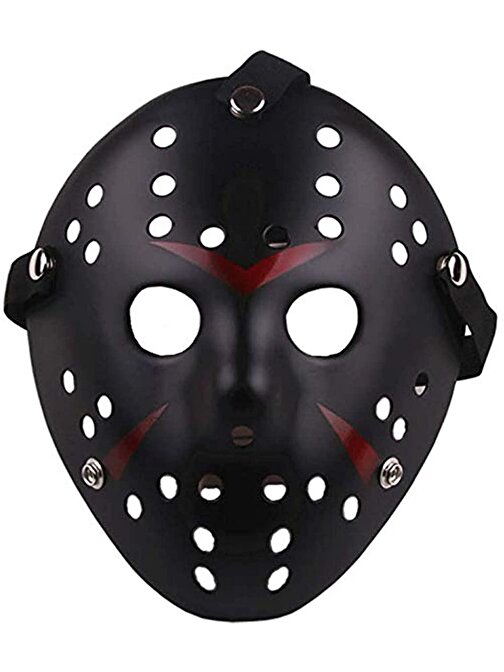 XMARKETTR Siyah Renk Kırmızı Çizgili Tam Yüz Hokey Jason Maskesi Hannibal Maskesi