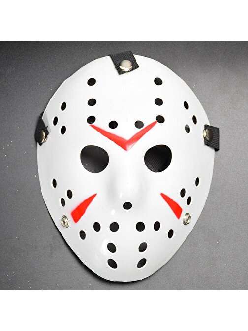 XMARKETTR Beyaz Renk Kırmızı Çizgili Tam Yüz Hokey Jason Maskesi Hannibal Maskesi
